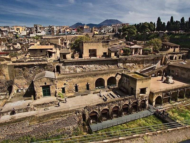 The terraced houses of Herculaneum seen from the modern street above the excavation