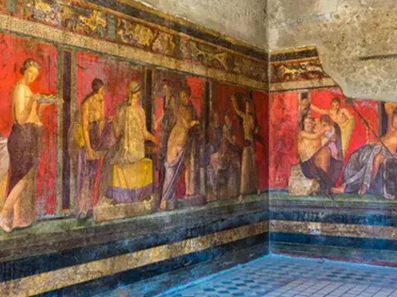 The Dionysiac frieze in the Villa of the Mysteries at Pompeii, figures life-size on a red ground